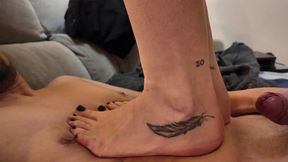 Close up barefoot stomach trampling and ballbusting