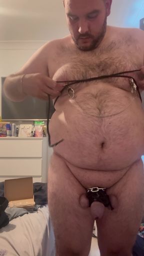 Extreme cock bondage with butt plug nipple clamps blindfold and cuffs