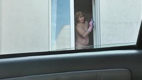 Nude woman neighbor sexy mature Milf without panties and bra washes windows her apartment  A taxi driver watches from car  Solo  Naked in public Peeping Outdoor Outside Publicly Big natural tits Pussy