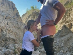 Blonde Babe Sucks a Big Cock Outdoors in a Canyon