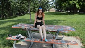 Alice poses her hot and sweaty feet at a park during the summer (1080p)