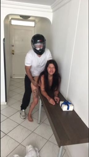 Horny Indian woman excites the delivery man and makes him come inside to break her pussy.
