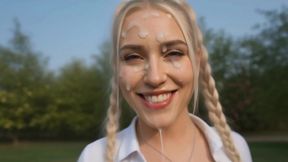 flirtatious blonde in mini skirt seduces in park – sloppy blowjob and cum on face ai generated
