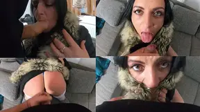 Black fur downjacket makes for hot blowing job