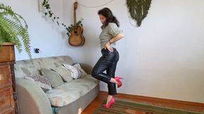 one shoe hopping in leather pants m4