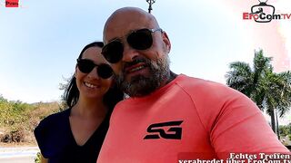 Petite German Cougar with tiny boobs and ebony Hair banged! on a Chair