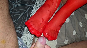 Stepmom in red nylon stockings takes stepson's cock