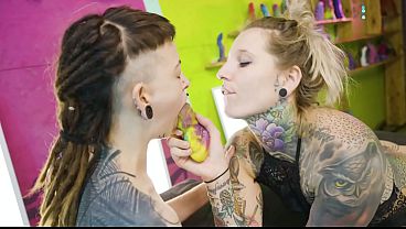 Petite and tattooed teen gets pounded by an scened lesbian in a rough
