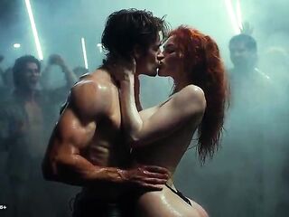 [AI-generated] Future Rave Erotic Party: Bare Pierced DJ Squeezing Her Breasts, Hawt Ravers Giving a kiss Wildly in Abandoned Factory