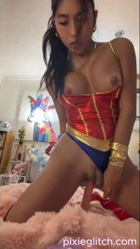 Asian TGirl Cosplay On Dildo While Eating Her Own Cum