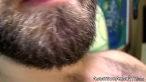 Bearded William Crowns cock squirts its cum on his hairy chest