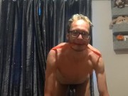 Stretching my very skinny body using elastic bands and showing off my delicious ribs