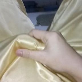 Cum with shiny gold pants