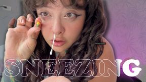 Giantess shoves a shrunken man up her nose