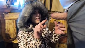 Some worn-out old chick's face is getting ravaged and squirting all over her husband's windbreaker