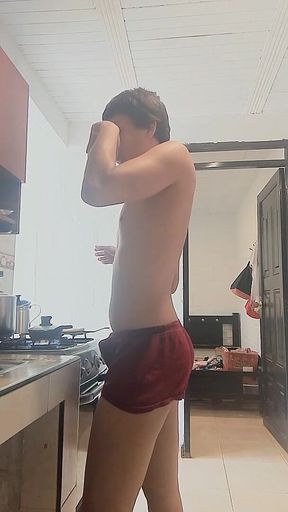 Beautiful Effeminate Femboy with a Big Ass, Cooking Naked, Showing off His Ass and His Hard, Delicious Cock