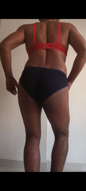 Indian Desi boy wearing wife&#039;s bra panties.
