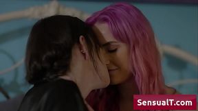 Sexy big tit brunette tranny hottie seduced by her natural busty friend for a good and wet blowjob - Siri Dahl, Lena Moon