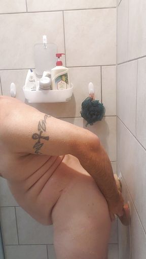 In Chastity Fucking 9 and 12 Inch Dildos in the Shower, Ending with Ass to Mouth