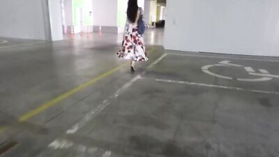Milf hunter chasing high heels cougar from shop to car for sex