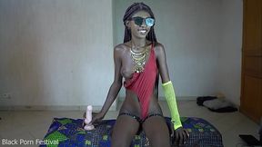 Dark skin skinny beauty dilating her sweet pussy