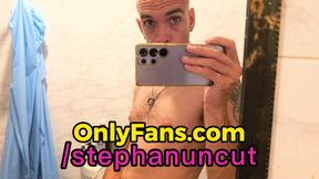 Horny Uncut Mirror Slut Stroking Hard Cock - Shirtless Selfie Tease