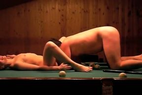 Blonde hoe gets her cunt licked and fucked doggystyle on a pool table