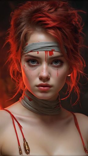 Artistic Nude of a Beautiful Young Woman Wrapped in Painted War Bandages with Neon Red Eyes | Surreal Ai Slideshow
