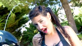 Hugh dildo play outdoors in mini skirt