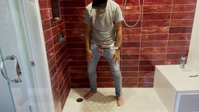 Barefoot in Jeans Pissing Myself and Showing Dick and Ball