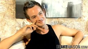 Skinny British twink Brandon wanks big dick after interview