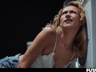 STUCK in the Washing Machine! Trans T-cutie Grows Futanari Wang And Fucks Female Doxy with Anal Creampie