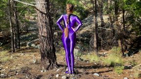 Shiny purple Leohex pantyhose and leotard in a mountain forest