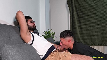 Sexy Twink Jacobo Torres Sucking Hot Daddy Camilo Brown's Big Uncut Cock