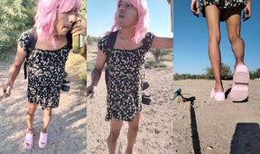 Pink Wig Ladyboy Gushes Cum Drenched Public Nude Beach Walk