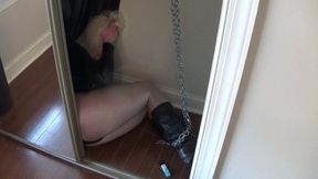 Leathered Up Dina Chain Bound by Her Legs, Struggling and Smoking