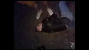 2 chav guys bully kick spit and piss on guy in leather and jeans