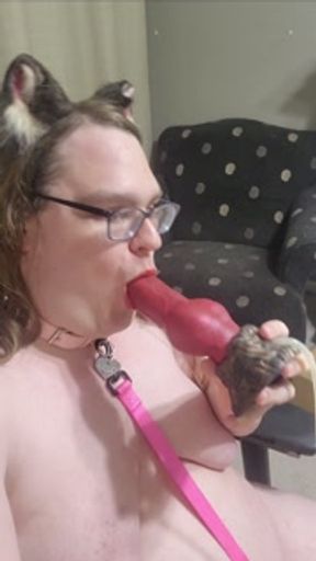 Sissy Cat Girl Gags on Huge Dildo