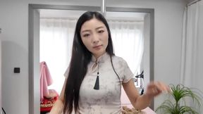Tied Asian sub in red top and rope harness getting gagged and bound like a fucktoy