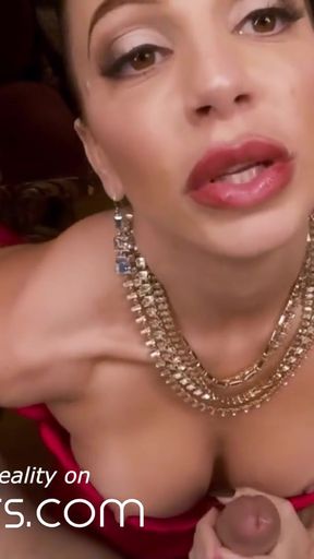 Captivating moment from &quot;VR BANGERS Abigail Mac seducing with curvy body in red dress&quot;