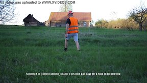 Straight construction worker explodes a river behind a barn /worldstudz