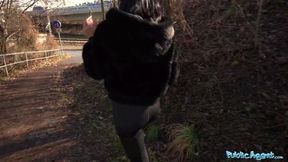 Public Agent Horny Italian MILF orgasms in public and give great outdoor blowjob