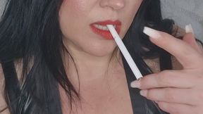 Smoking Milf rides BBC dildo in leather catsuit