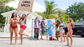 Elana Bunnz, Nia Bleu, Ruby Divine, Mira Luv, Lucas Frost, Michael Vente, Kasha, Fire Daddy, Arin Jones, and Alex Get Dirty in a Boobie Wash Extravaganza