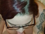 Getting a lovely POV Blowjob from Pregnant MILF Wife ends in Glasses Facial