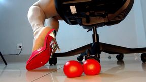 Domme Secretary Crushing Balls Tomatoes in High Heels