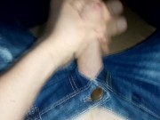 Striptease and shooting cum onto my slim fit unisex blue jeans 🔫🍌💧