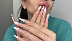 Finger snapping and sucking, HOT french manicure long nails, sharp claws (2688x1512)