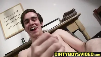 Skinny twink Mike Challenger jerks his hairy big cock solo