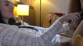 Hot brunette just loves playing with balls and precum from the cock